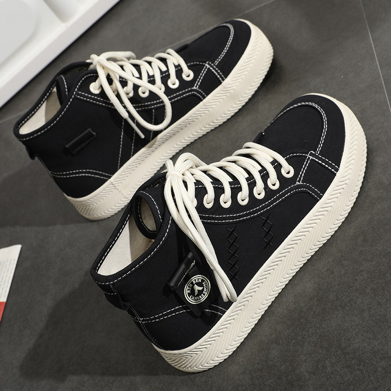 人本高帮帆布鞋女韩版厚底休闲鞋黑色圆头学生百搭软底小白鞋板鞋