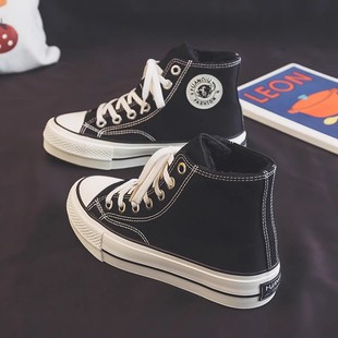 环球高帮加绒帆布鞋女2025春冬新款经典百搭厚底棉鞋休闲学生板鞋