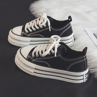 环球低帮厚底加绒女鞋2025秋冬新款韩版百搭松糕底芒果帆布鞋棉鞋