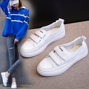 头层牛皮大码女鞋41-43显脚小平板鞋新款浅口魔术贴40透气小白鞋