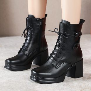 头层牛皮女鞋 保暖厚底粗跟短靴加绒中筒靴 靴子真皮高跟马丁靴冬季