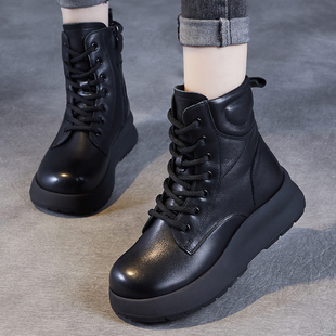 头层牛皮大码女鞋41英伦风真皮马丁靴女冬季厚底短靴黑色加绒靴子