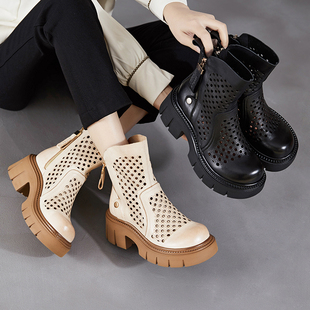 头层牛皮女鞋英伦风镂空马丁靴2026春季新款厚底短靴中跟圆头靴子