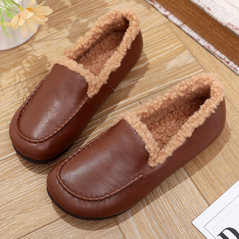 真皮大码女鞋棉鞋41-43加绒乐福鞋冬季保暖毛毛鞋平底软底豆豆鞋