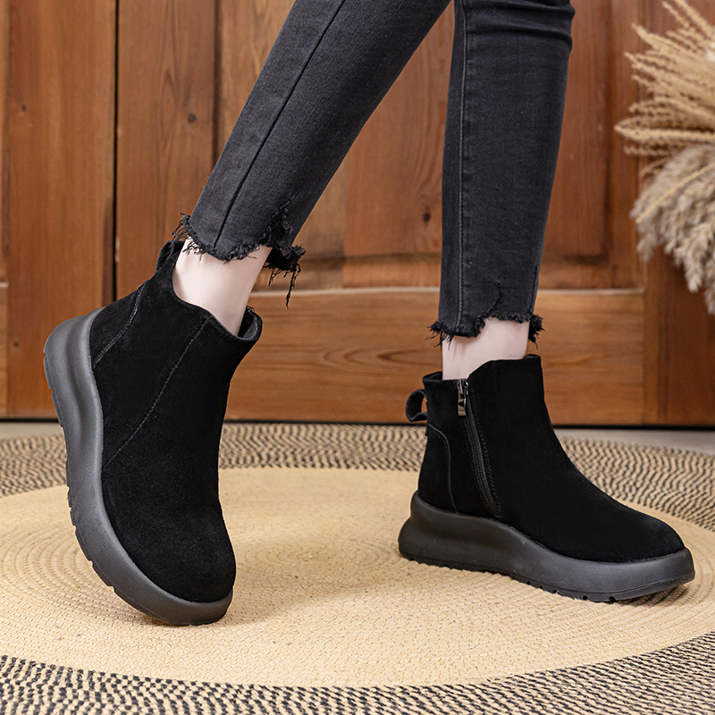 加宽大码女鞋41-43冬季加绒切尔西短靴厚底侧拉链软底不累脚短靴