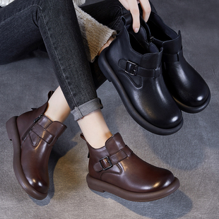 头层牛皮英伦风皮带扣加绒马丁靴女秋冬季 真皮平底短靴百搭机车靴