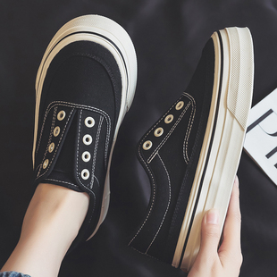 人本一脚蹬帆布鞋女2026夏季新款透气厚底休闲板鞋黑色软底懒人鞋