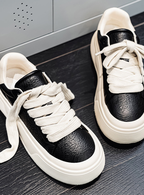 冬季男鞋学生运动休闲皮面黑色板鞋厚底增高黑色超级舒服百搭潮鞋