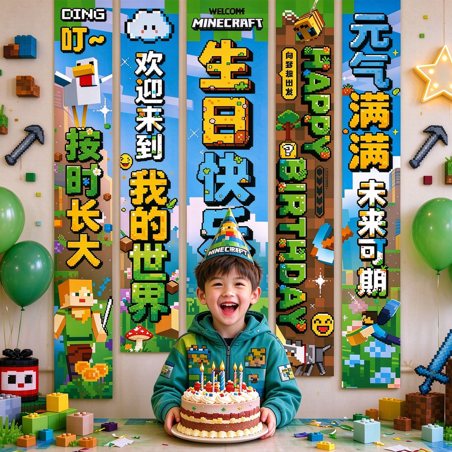 我的世界主题儿童生日装饰场景男孩10岁气球派对条幅背景氛围布置