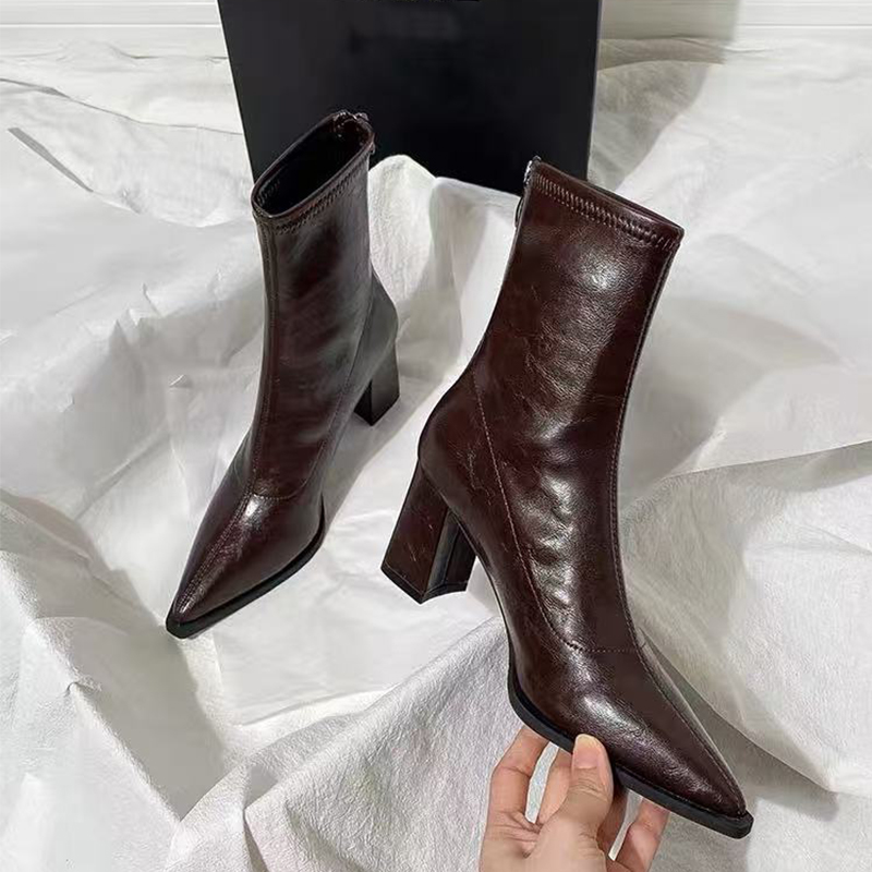 小踝靴加绒粗跟弹力尖头瘦瘦靴