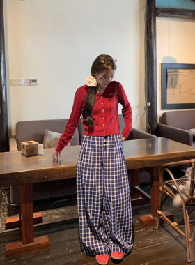 JAMUUS复古宽松格纹泡泡棉休闲裤女露思穿搭高腰慵懒阔腿裤遛弯裤