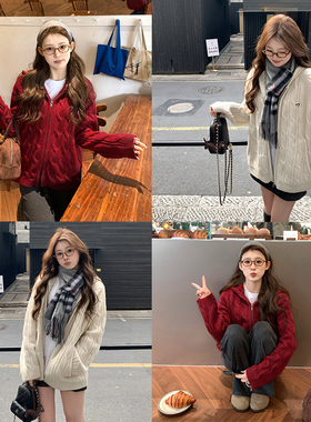 JAMUUS新款刺绣红色连帽绞花针织开衫美式休闲双拉链外套女