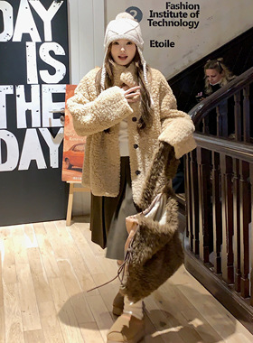 JAMUUS复古立领浅咖色皮毛一体外套女冬款宽松休闲麂皮大衣