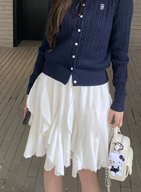 JAMUUS温柔风小白花不规则蕾丝拼接半身裙甜美仙气a字蛋糕短裙