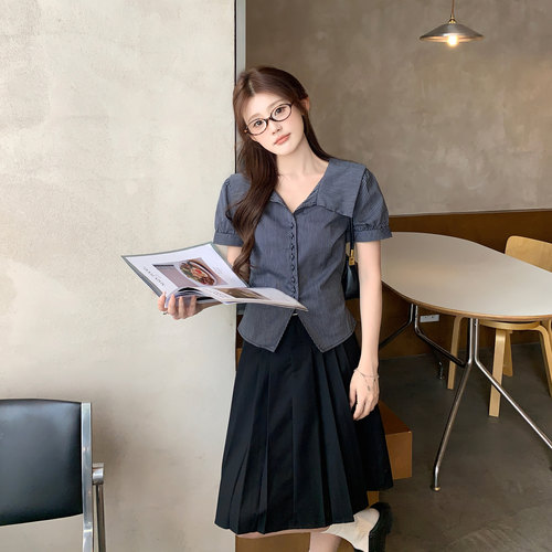 格蕾系条纹翻领v领衬衫