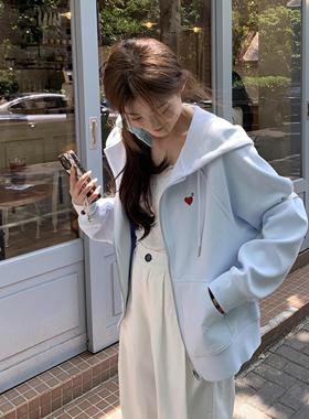 JAMUUS 秋冬刺绣爱心插肩袖连帽卫衣外套慵懒风软糯百搭拉链上衣