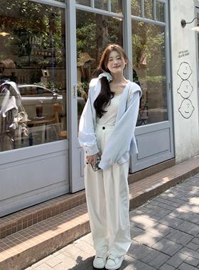 JAMUUS 慵懒风简约百搭白色梭织长裤松紧腰垂感显瘦宽松休闲裤