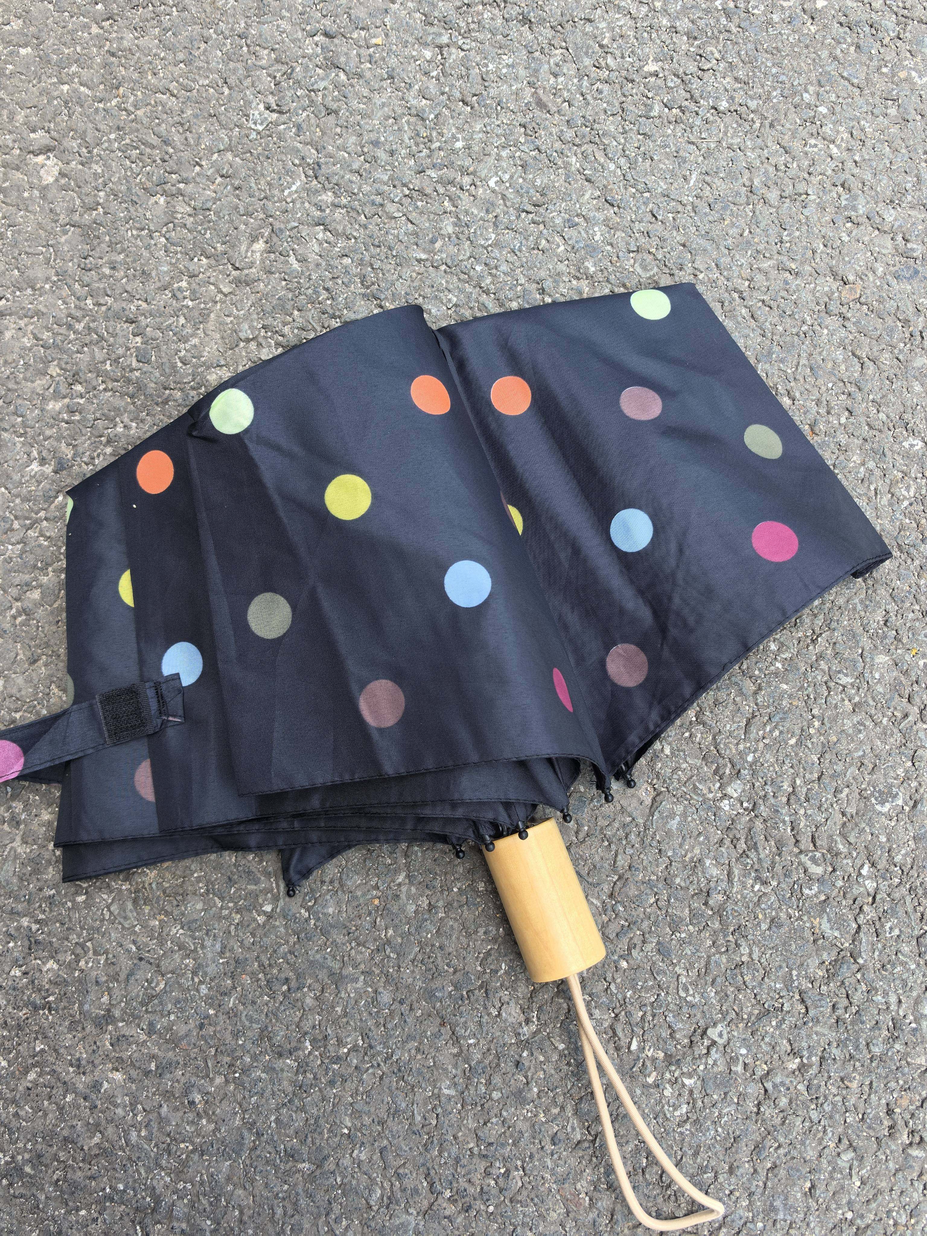 出外贸 简约素色彩色波点系折叠木柄三折雨伞 轻量便携手动小清新