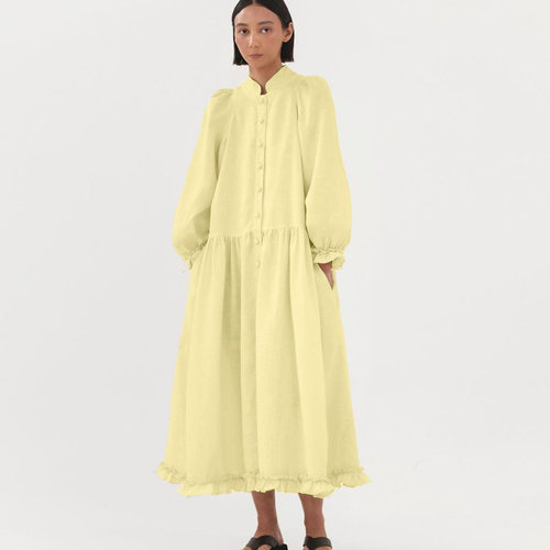 小立领棉麻长袖气质连衣裙单排扣系带感法式长裙yellow dress