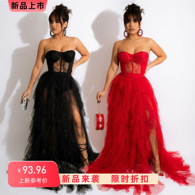 bodice lace tulle tiered ruffle evening dress网纱 蕾丝 裹胸
