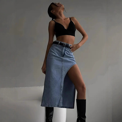 Summer Split Out Denim Skirt Jeans Women Casual Long Skirt