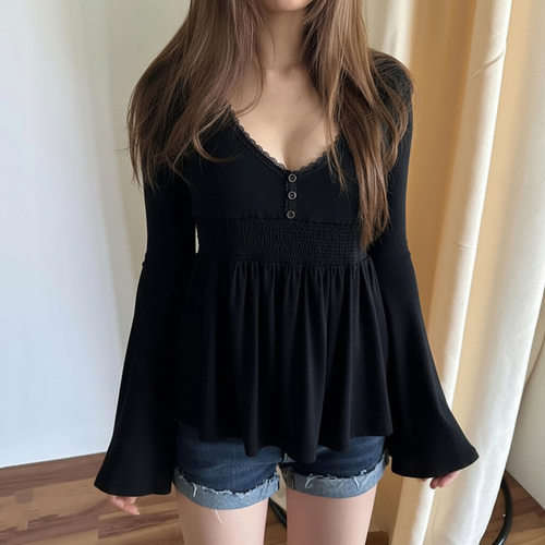 Women Lace Trim Patchwork Button Flared Sleeves Shirt Casual