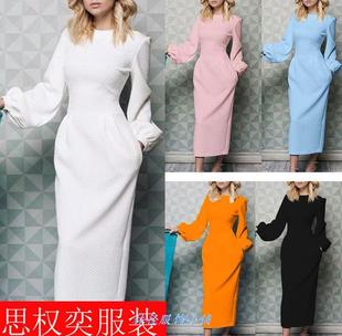 dresses 长袖 мода 灯笼圆领连衣裙платьяе women