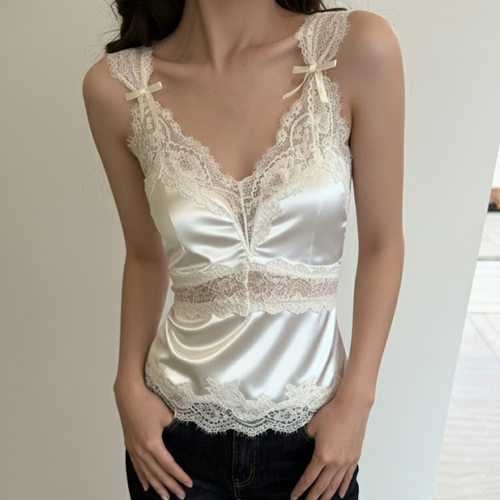 Trim Patchwork Satin Silk Tank Top Women Vest Y2k Camisole .