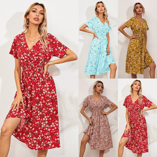 Summer women's small floral print short sleeved dress 连衣裙