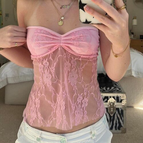 Backless Bandage Corset Top Women Lace Stitched Strapless
