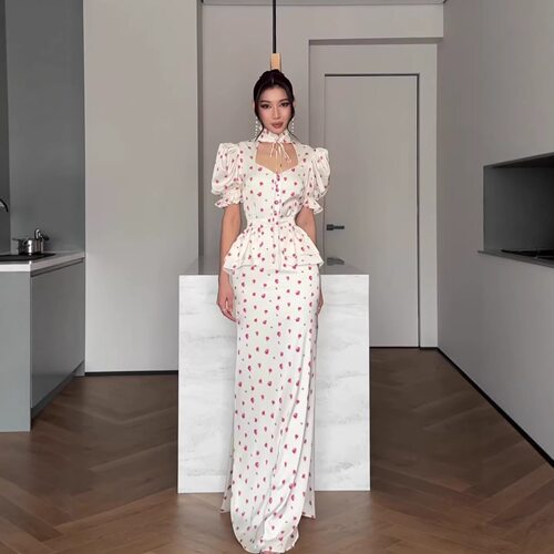 欧美优雅短袖碎花系带连衣裙Short sleeved floral lace up dress