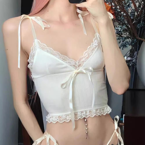 Y2K Lace Trim Crop Top Aesthetic Bow Cute Sweet Mini Vest