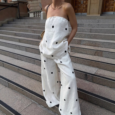 波点辣妹露肩抹胸上衣阔腿裤套装 Polka dot strapless pants