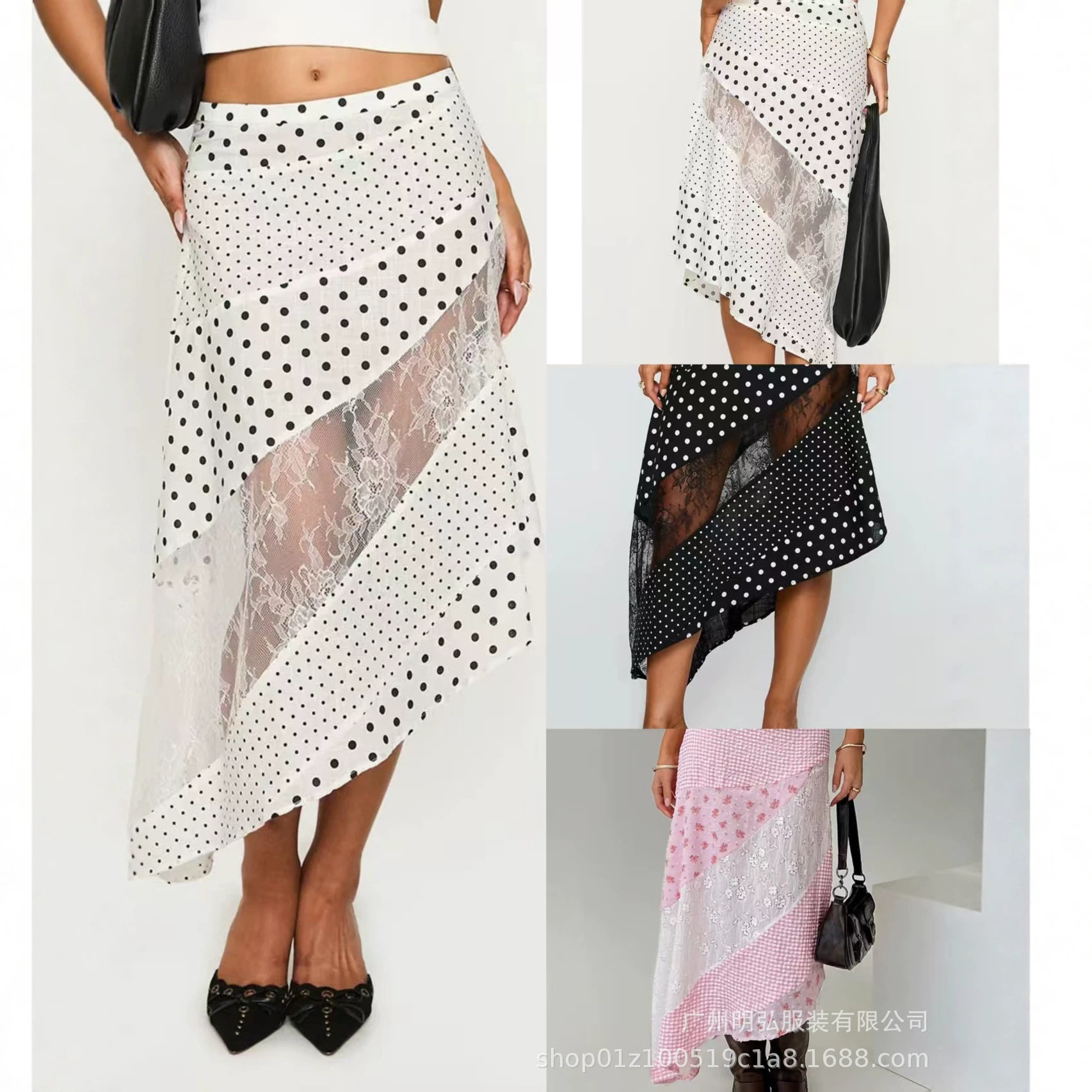 Patchwork Print Lace Women Skirt White High Waist Long Skirt图片