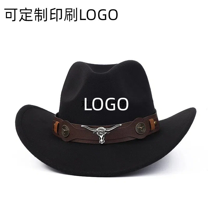 外贸跨境款西部牛仔帽礼帽爵士帽子大帽檐民族风牛仔毡帽定制印字