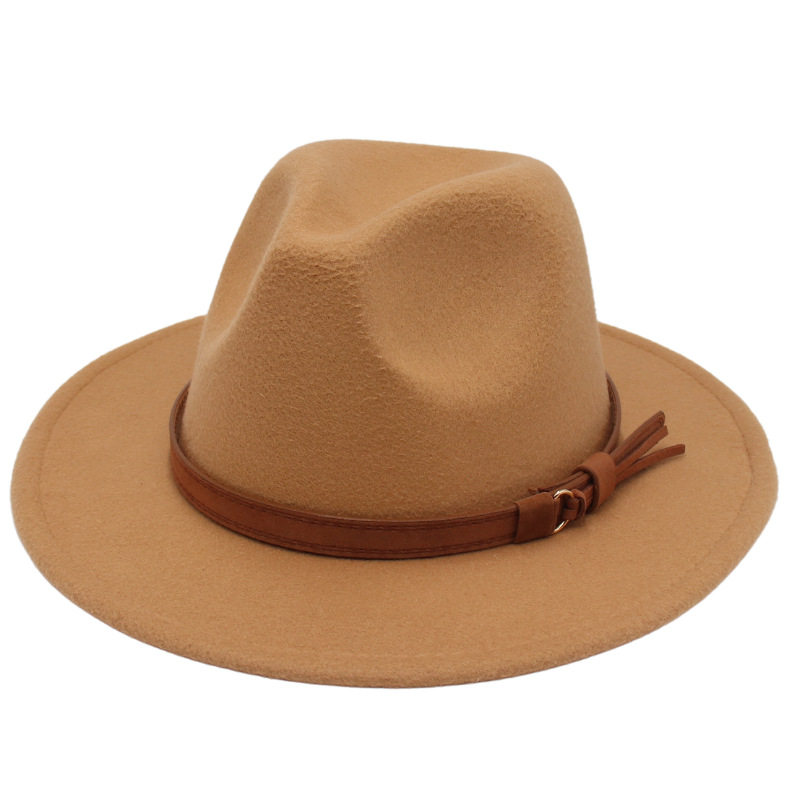 欧美风新款外贸大帽檐爵士礼帽牛仔毛毡帽皮带配饰男女fedora