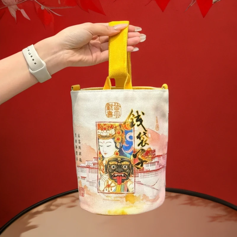 杭州钱袋子帆布包招财文创包女生斜挎手提包包收纳袋单肩包水桶包
