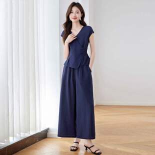 棉麻套装 胖mm大码 女装 2026春夏宽松时尚 两件套 减龄盘扣上衣阔腿裤