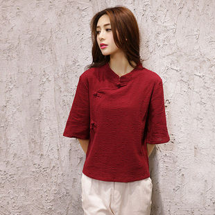 宽松上衣女大码2026春秋显瘦棉麻新中式T恤复古五分袖盘扣打底衫