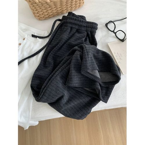 冬新款条纹阔腿厚拖地裤哈伦裤