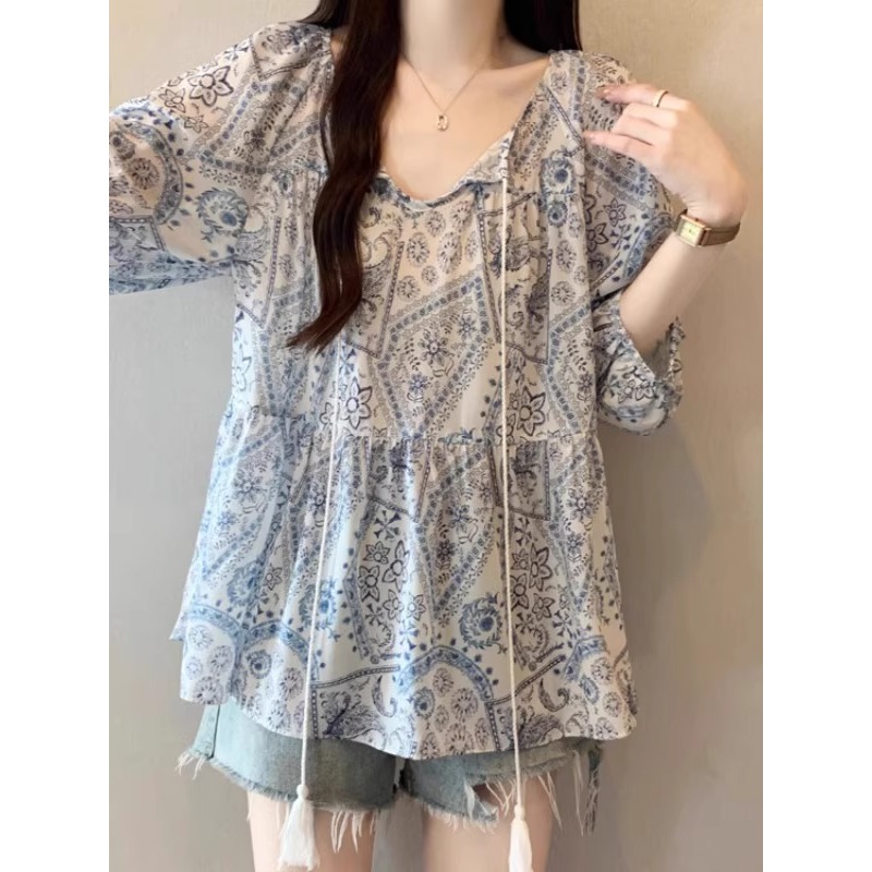 民族风复古印花短袖小衫女装2025夏季时尚宽松大码胖mm灯笼袖上衣
