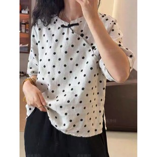 女装 新款 休闲棉麻波点T恤小衫 2025夏季 上衣 中式 盘扣复古宽松短袖