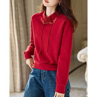 宽松上衣女装慵懒风大码2025秋冬新款盘扣长袖T恤国风加绒打底衫