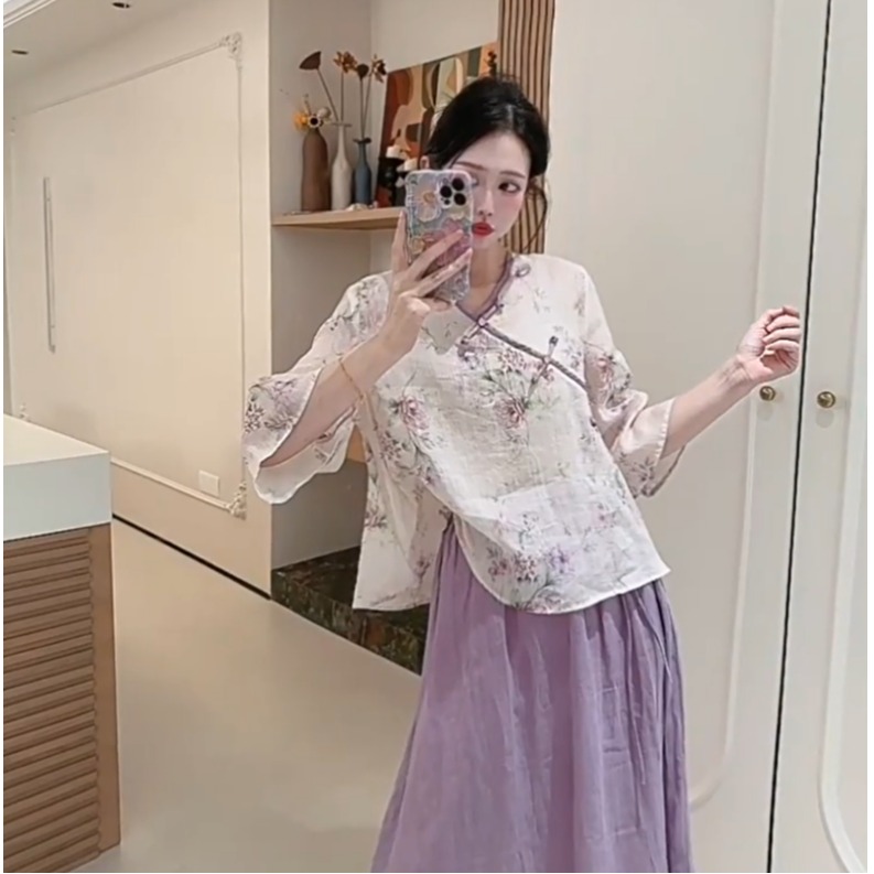 新中式大码苎麻中袖上衣女装