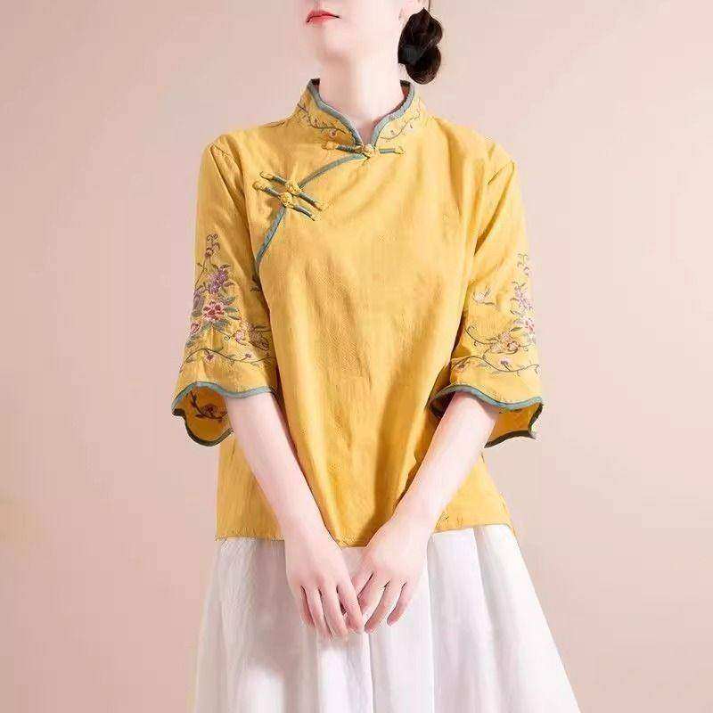 胖mm大码女2026春夏宽松显瘦刺绣时尚文艺盘扣短袖上衣T恤打底衫,女装/女士精品,衬衫,淘宝优惠券,粉丝福利购,淘宝优惠卷