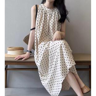2026春夏新款显瘦连衣裙大码女装胖mm遮肚子棉麻波点裙无袖中长裙