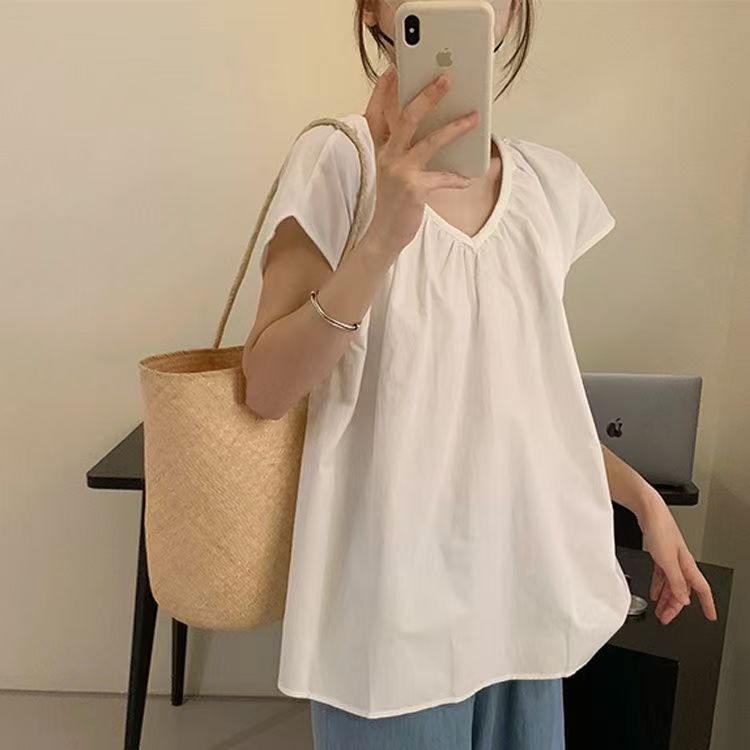 韩版简约胖mm短袖V领小衫