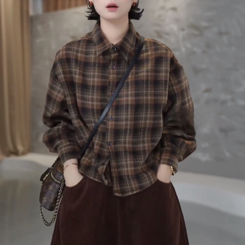 格子叠穿衬衣外套长袖上衣