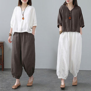 文艺上衣休闲裤 高端胖mm大码 时尚 2026春夏宽松棉麻套装 两件套 女装