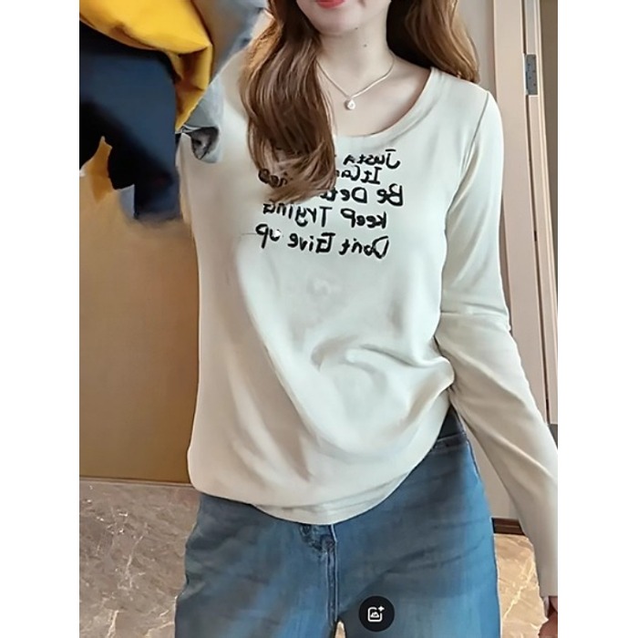 印花U领打底衫长袖T恤上衣